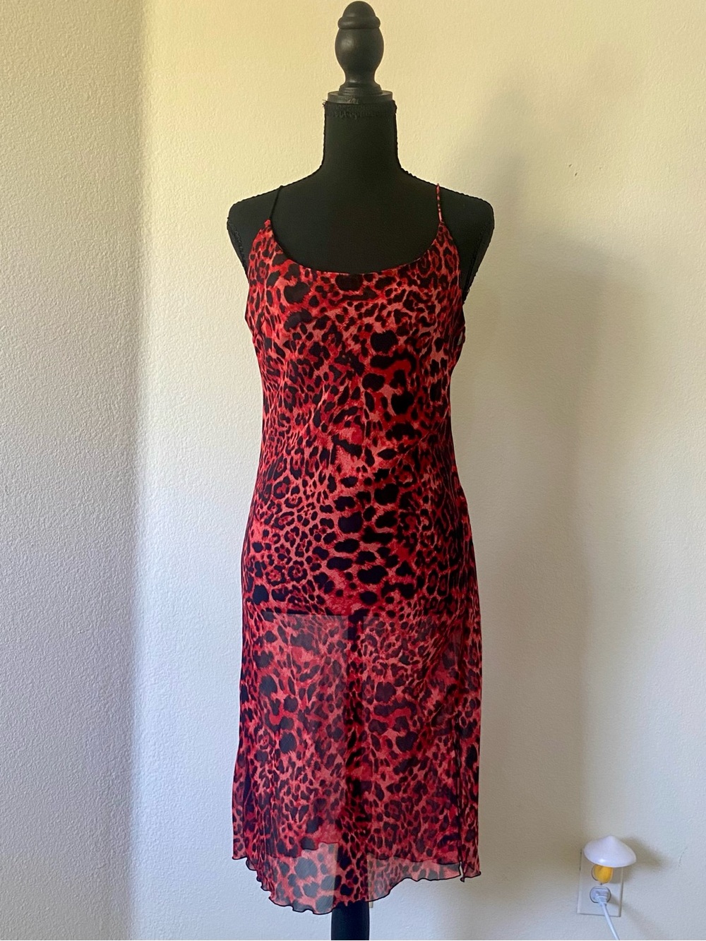 Red Leopard-Print Sheer Midi Slip Dress with Spaghetti Straps